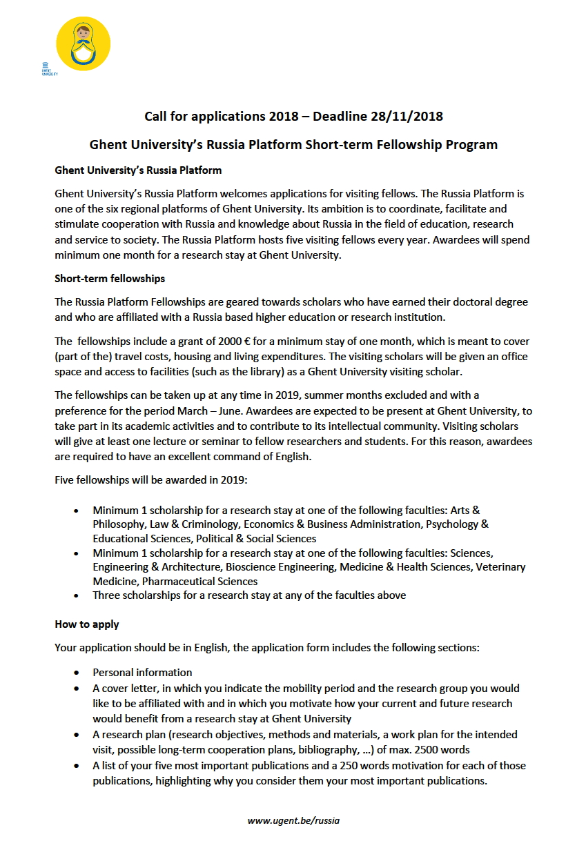 Texte .pdf Ghent University|s Russia Platform Short-term Fellowship Program. 2018-11-10